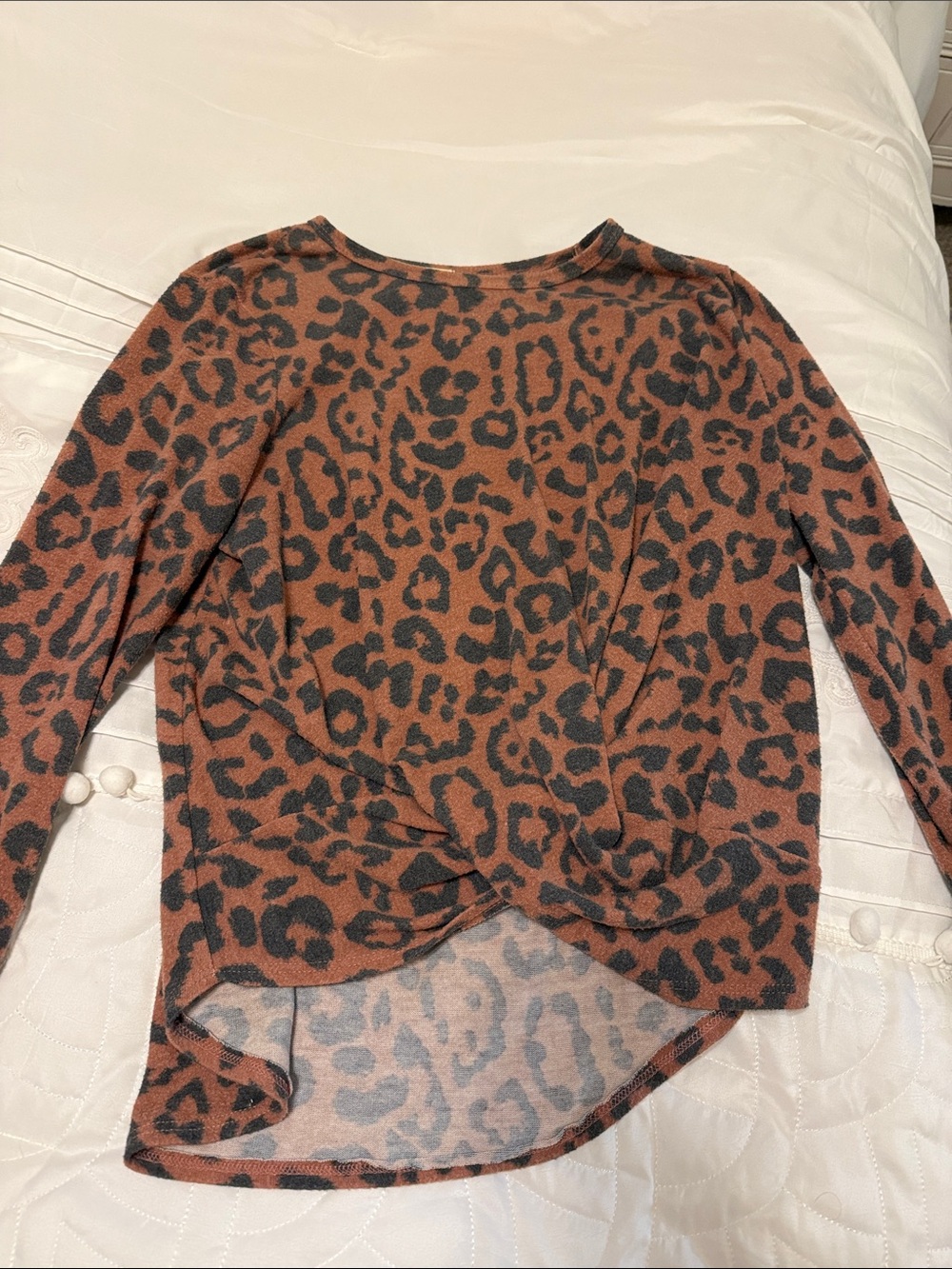 Leopard Print Twist-Front Long Sleeve Top - Rust/Black